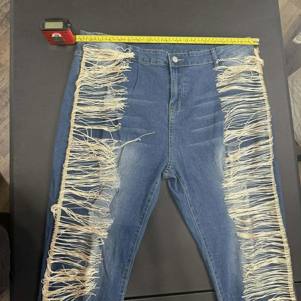 Plus Size Fringe Distressed‎ Skinny Jeans XXXL Boho Western Stretch Denim